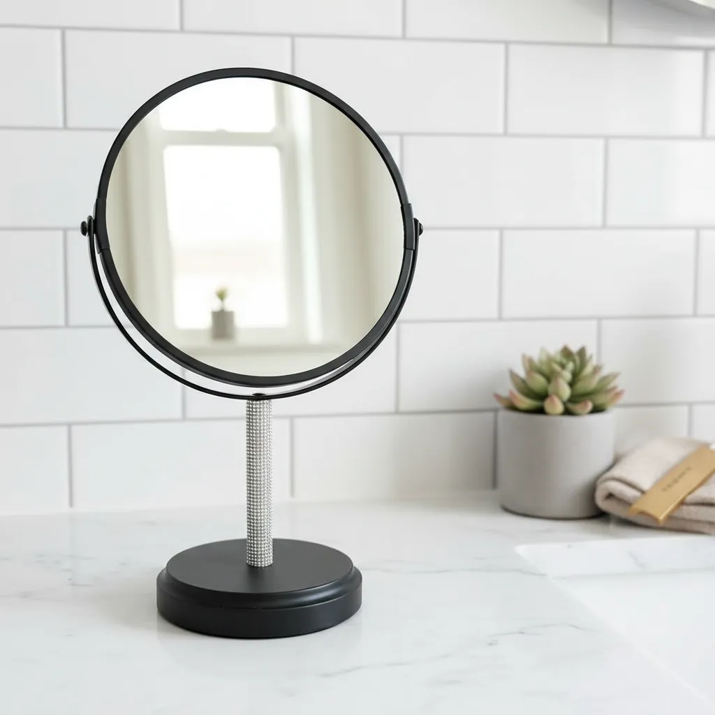 Elegant Round Tabletop Mirror for Dressing Table – Minimalist Stone Frame & Real Marble Foundation