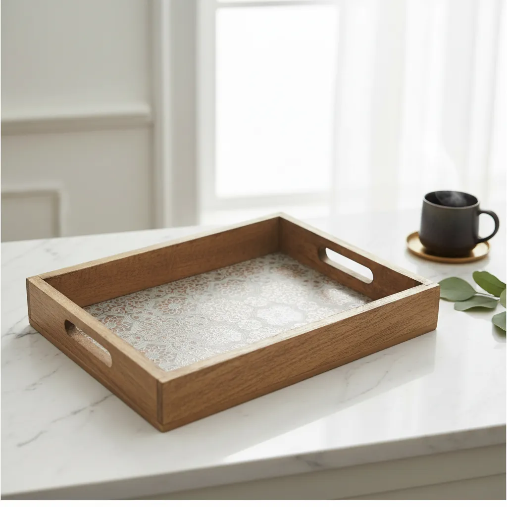 Heirloom Quality Wooden Tray – Metal Embossed Radial Design Craftsmanship