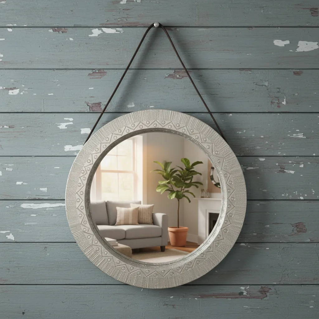 Art Deco Champagne Silver Round Mirror – Corrosion-Resistant