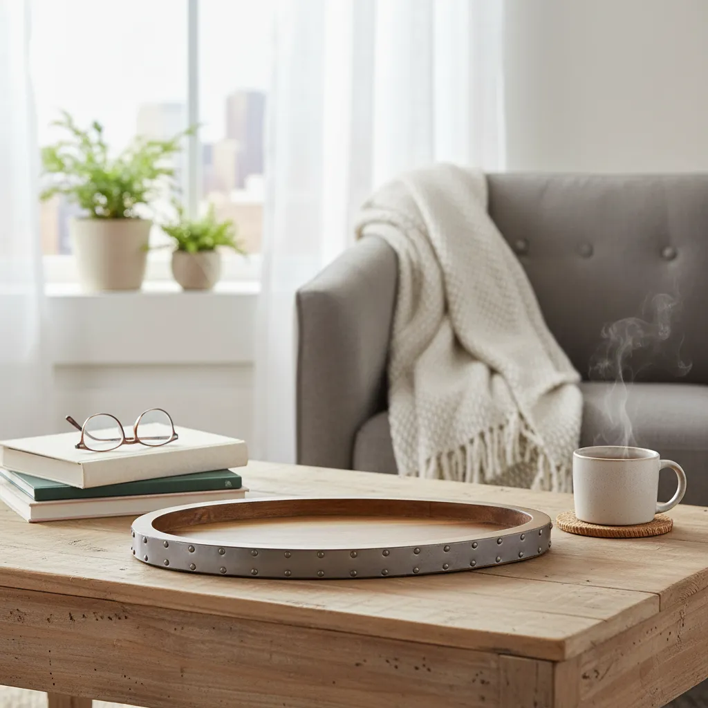 Handcrafted Mango Wood Oval Serving Tray with Industrial Riveted Metal Rim