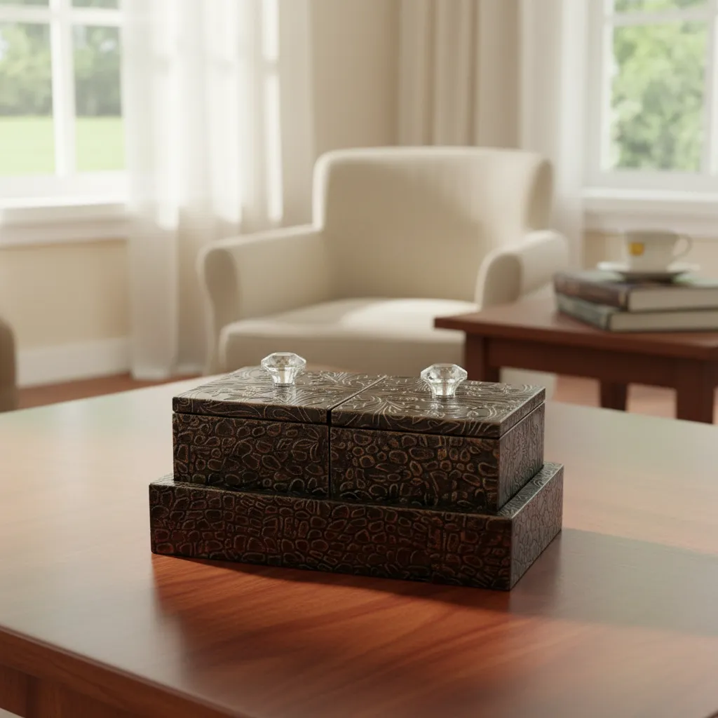 Handcrafted Floral Wooden Tea & Keepsake Box – Two-Tier Stackable Storage with Crystal-Style Knobs
