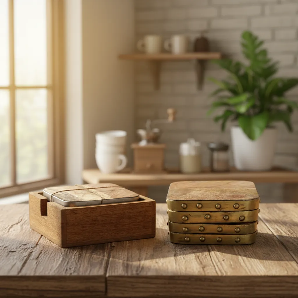 Handcrafted Mango Wood & Brass Coaster Set with Storage Holder