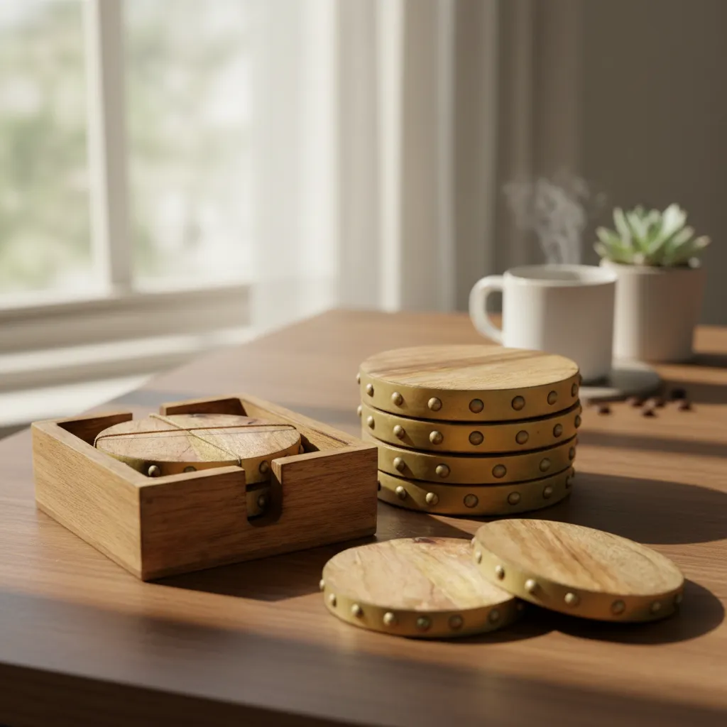 Handcrafted Mango Wood and Brass Coaster Set with Square Storage Holder