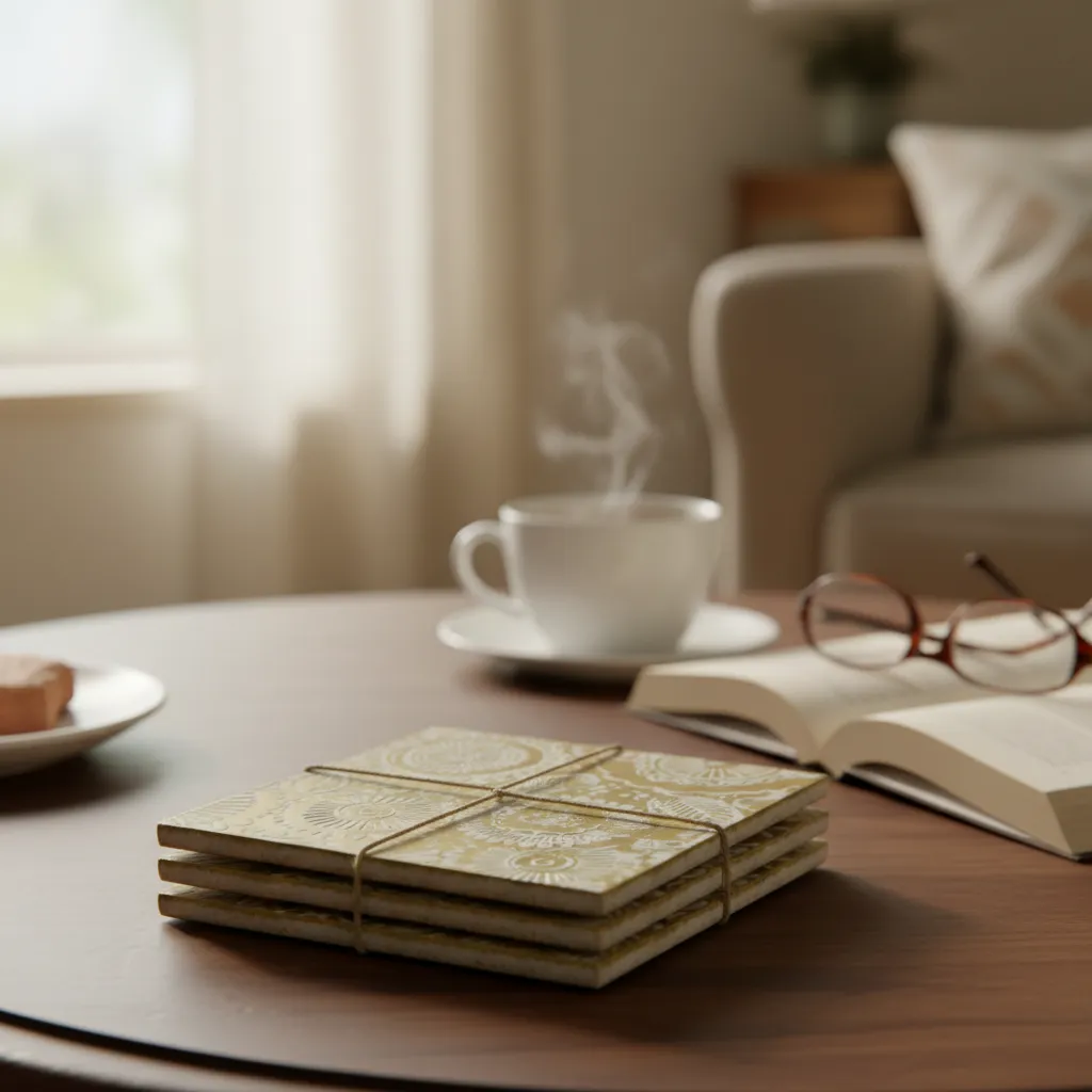 Handcrafted Mango Wood and Brass Coaster Set with Square Storage Holder