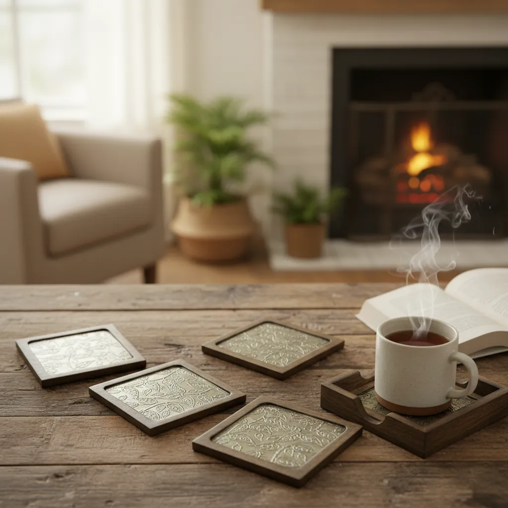 Artisanal Round Mango Wood & Metal Alloy Coasters with Riveted Banding