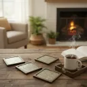 Artisanal Round Mango Wood & Metal Alloy Coasters with Riveted Banding