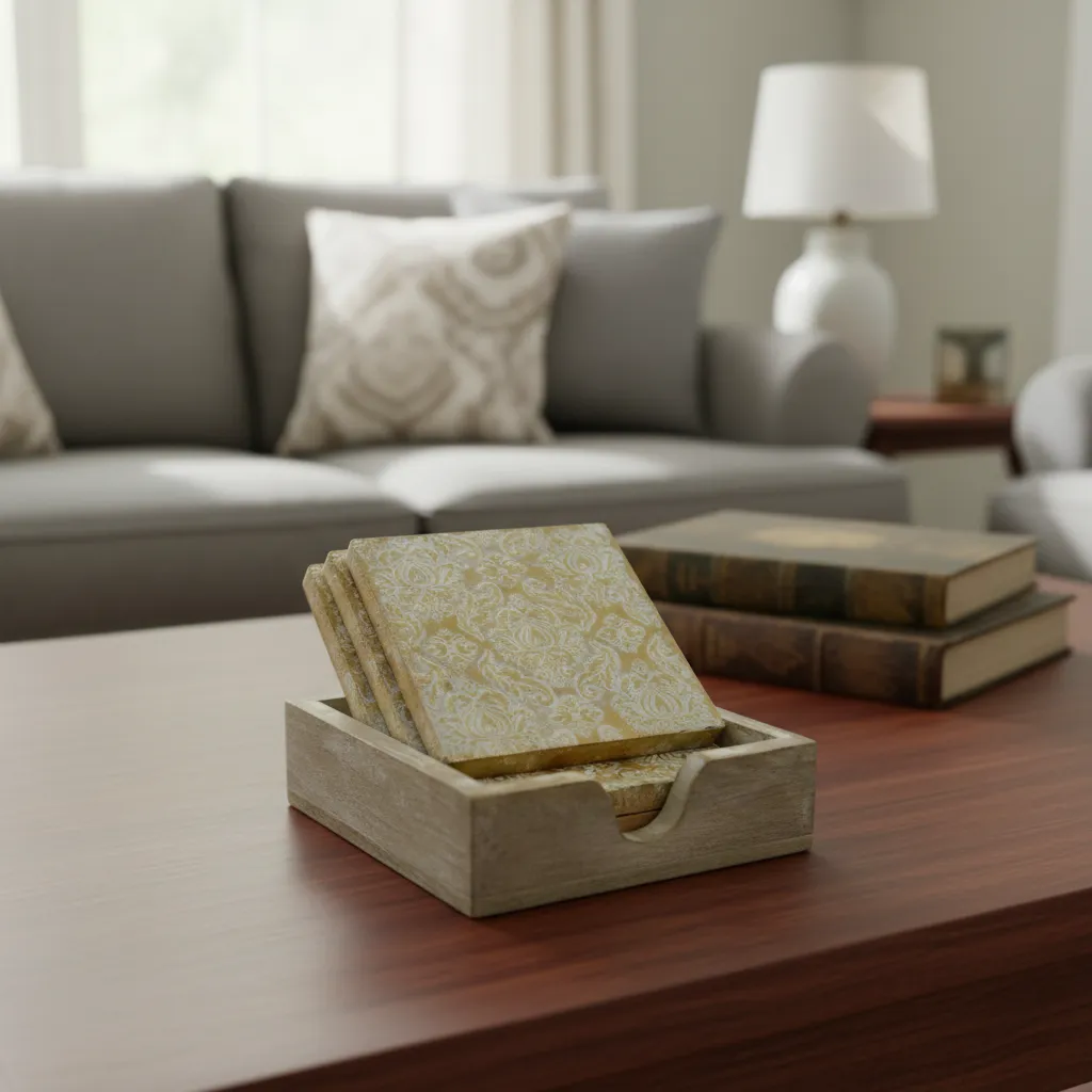 Artisanal Square Wood & Brass Coasters with Storage Box