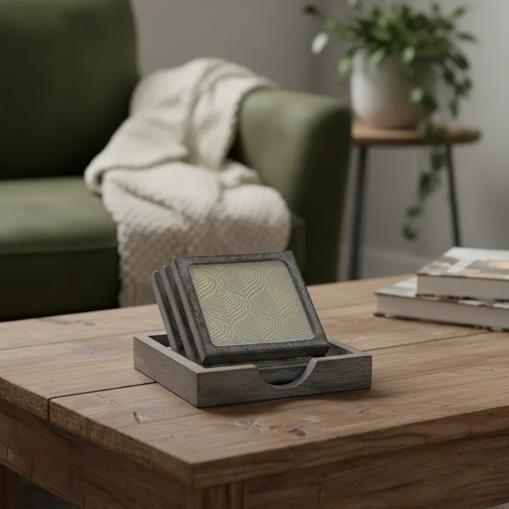 Artisanal Square Wood & Brass Coasters with and Storage Box