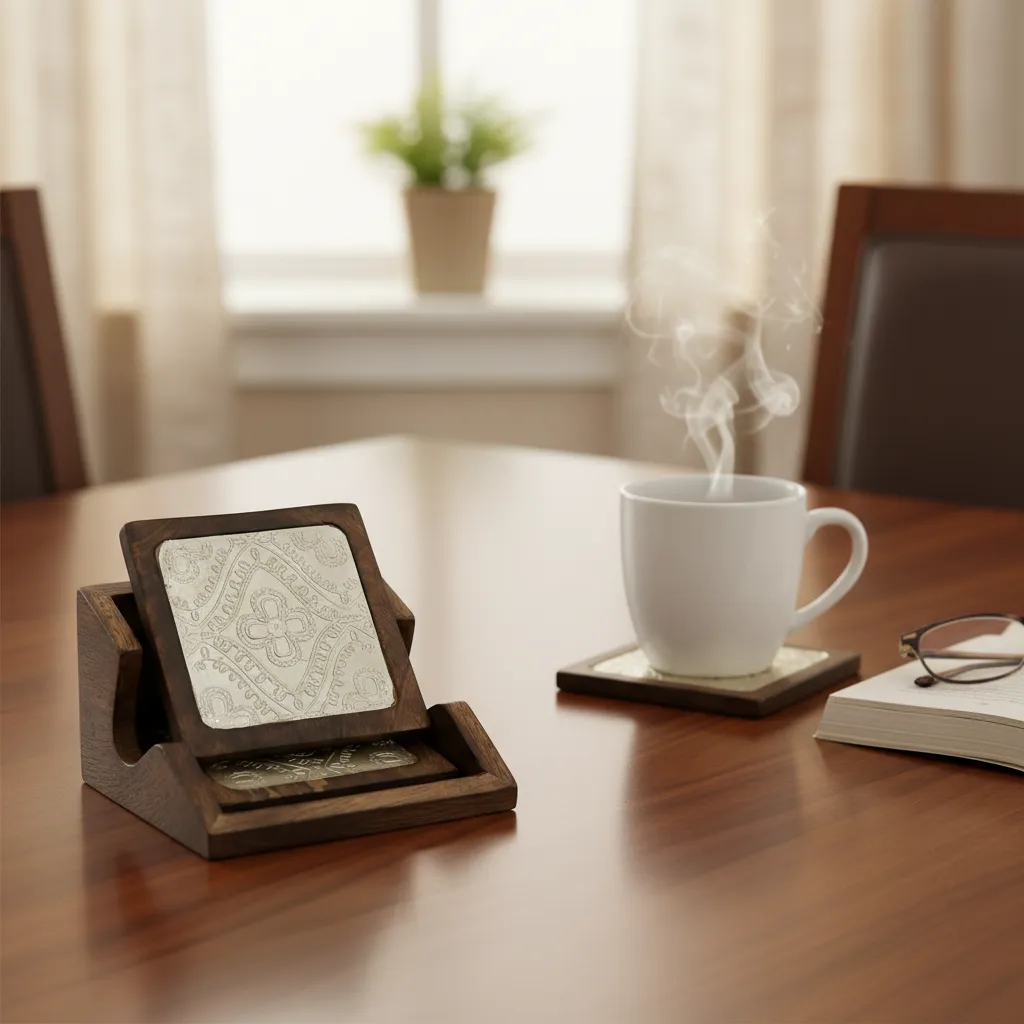 Artisanal Square Wood & Brushed Metal Coasters (Set of 4)