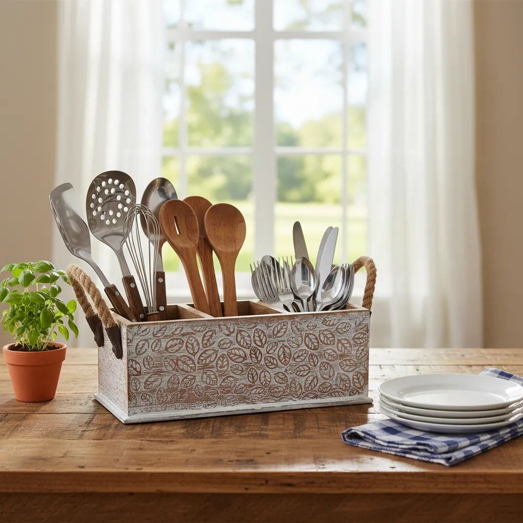 Farmhouse Triple-Compartment Wooden Caddy with Natural Rope Handles