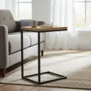 Industrial C-Shaped Side Table Wood Top and Black Metal Frame