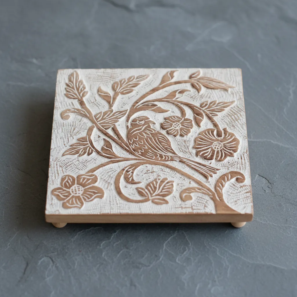 Exquisite Artisanal Woodwork: Hand-Carved Floral & Bird Relief Decorative Square Trivet (8*8)