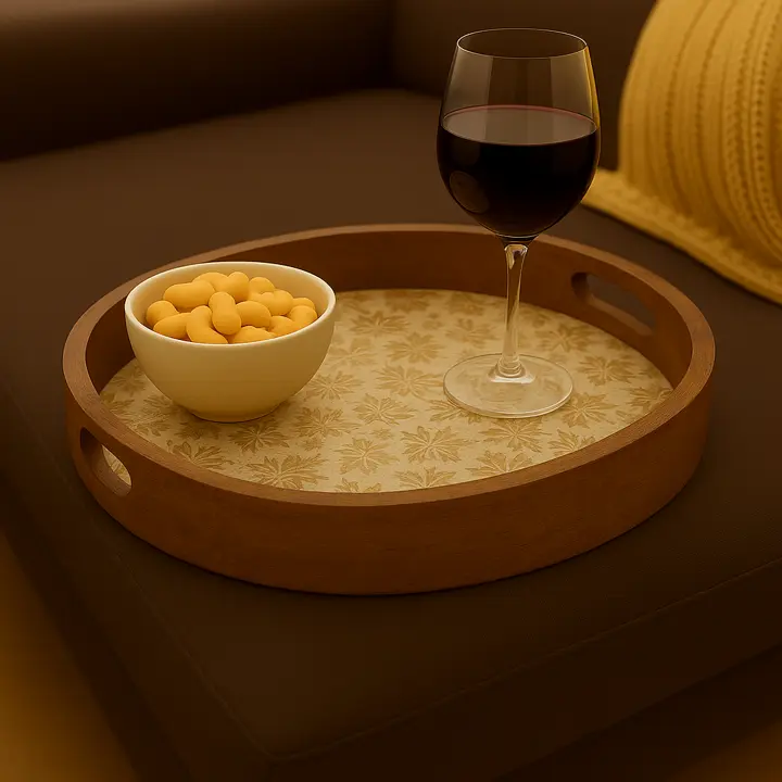 Round Wooden Serving Tray with Autumnal Leaf Pattern (10inch)