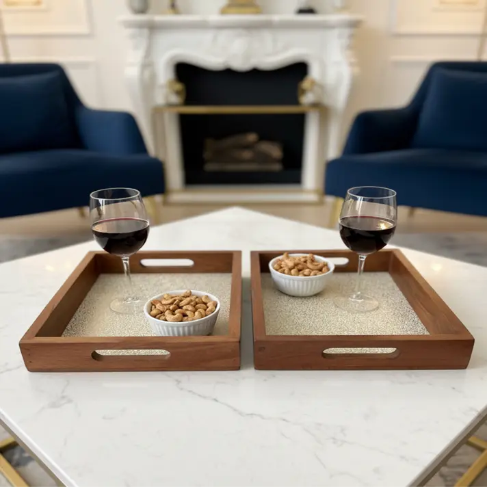 Classic Wooden Serving Tray with Ornate Scrollwork Pattern Inlay (14*10)