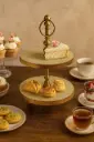 2-Tier Wood & Matte Taupe Paisley Serving Stand with Brass-Tone Hardware
