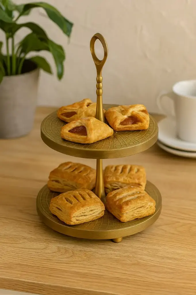 2-Tier Antique Brass Geometric Grid Serving Stand / Art Deco Display Server
