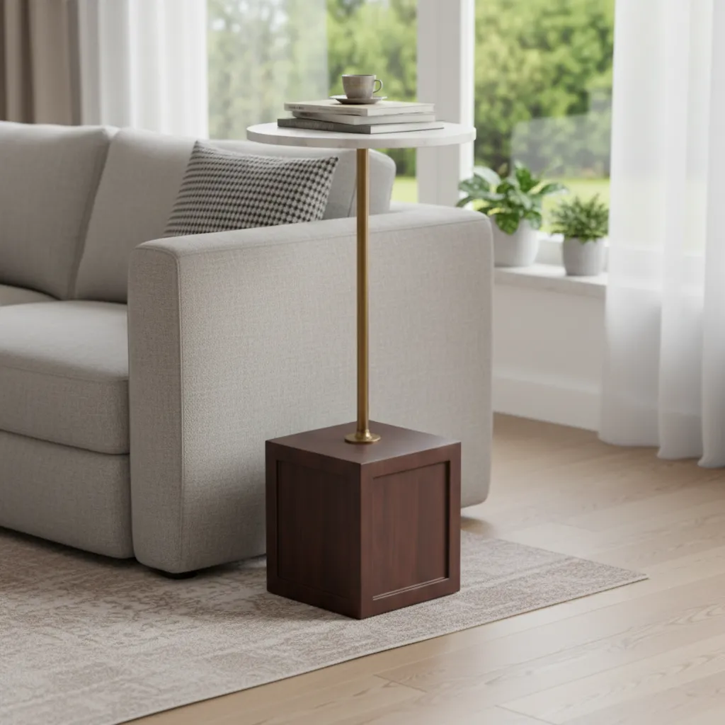 Modern Marble Top Accent Table with Brass Stem and Cubic Wooden Base (10*24)