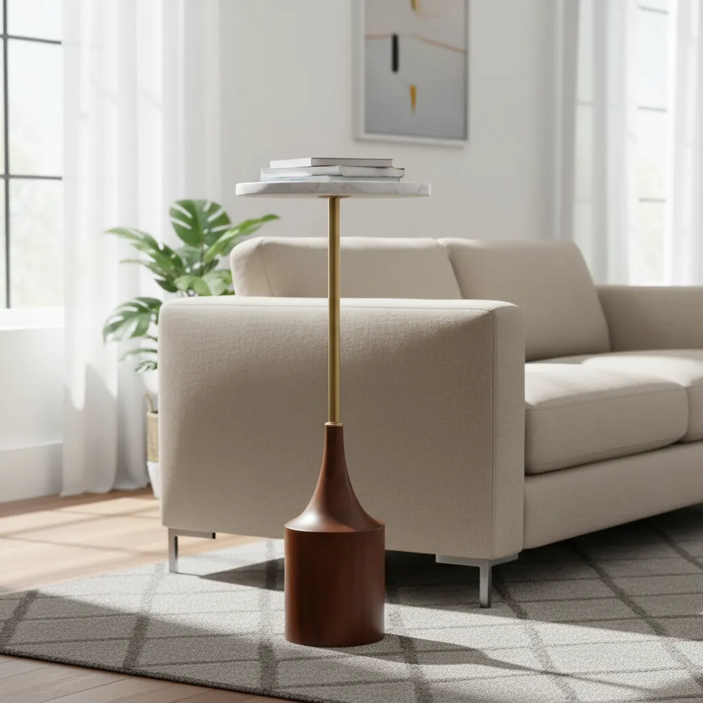 Modern Round Accent Table with White Marble Top and Solid Walnut Wood Base (10*24)