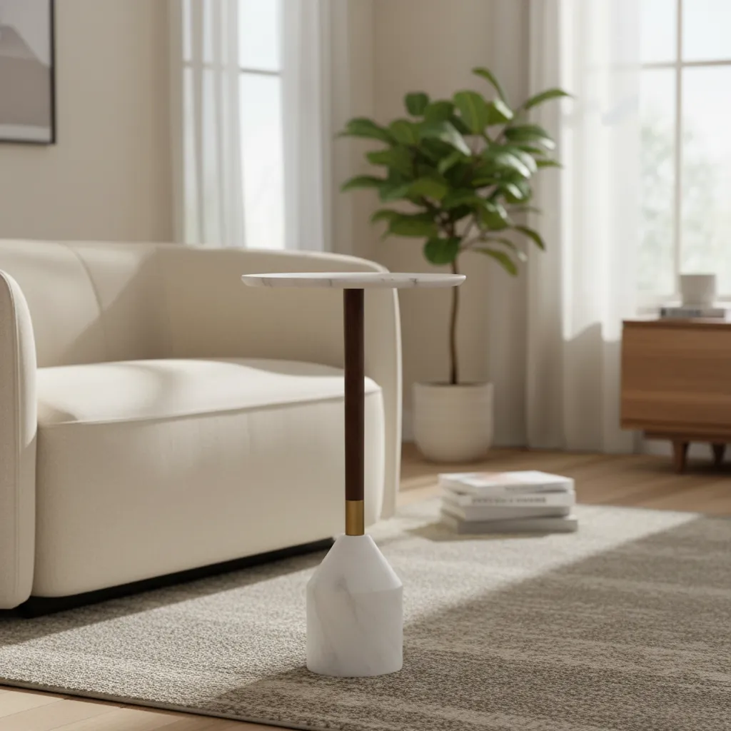 Modern Round Marble Drink Table with Solid Walnut Stem and Brass Accents (10*24)