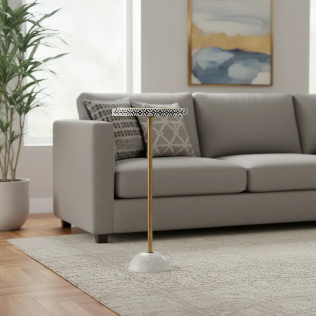 Elegant White Marble Base Pedestal Table – Minimalist Brass Gold Finish End Table for Small Spaces (10*24)