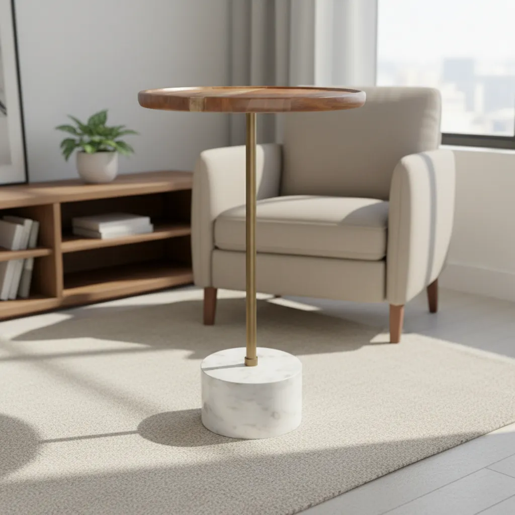 Minimalist Modern Accent Table with Solid Wood Top and Marble Base (10*24)
