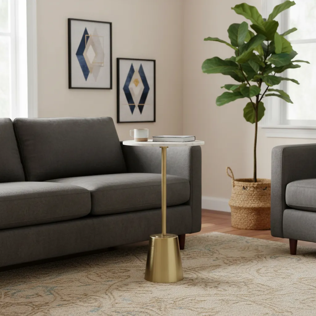 Modern Round White Marble Side Table with Brushed Brass Conical Base (10*24)