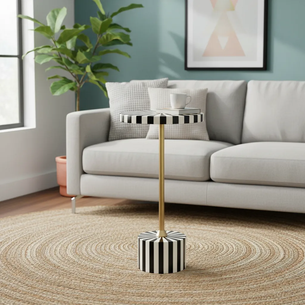 Striped Monochrome Drink Table - Slim Round End Table in Brass Gold Finish (10*24)