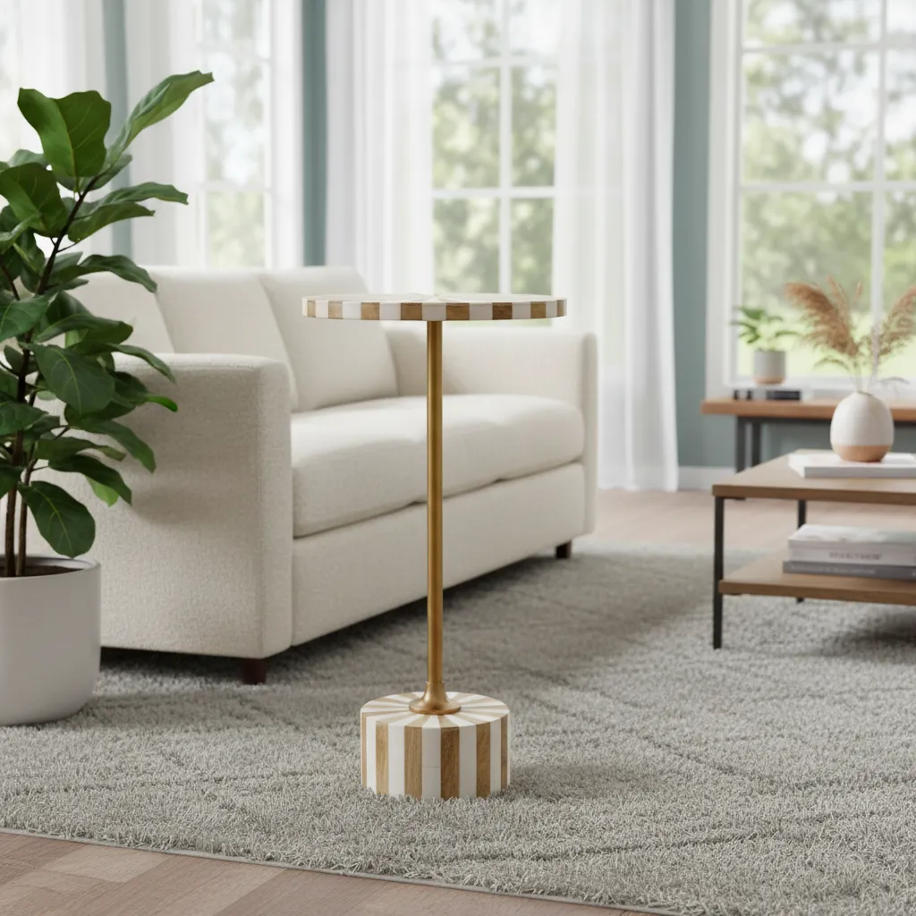 Modern Round Pedestal End Table -Brushed Gold & Natural Wood (10*24)