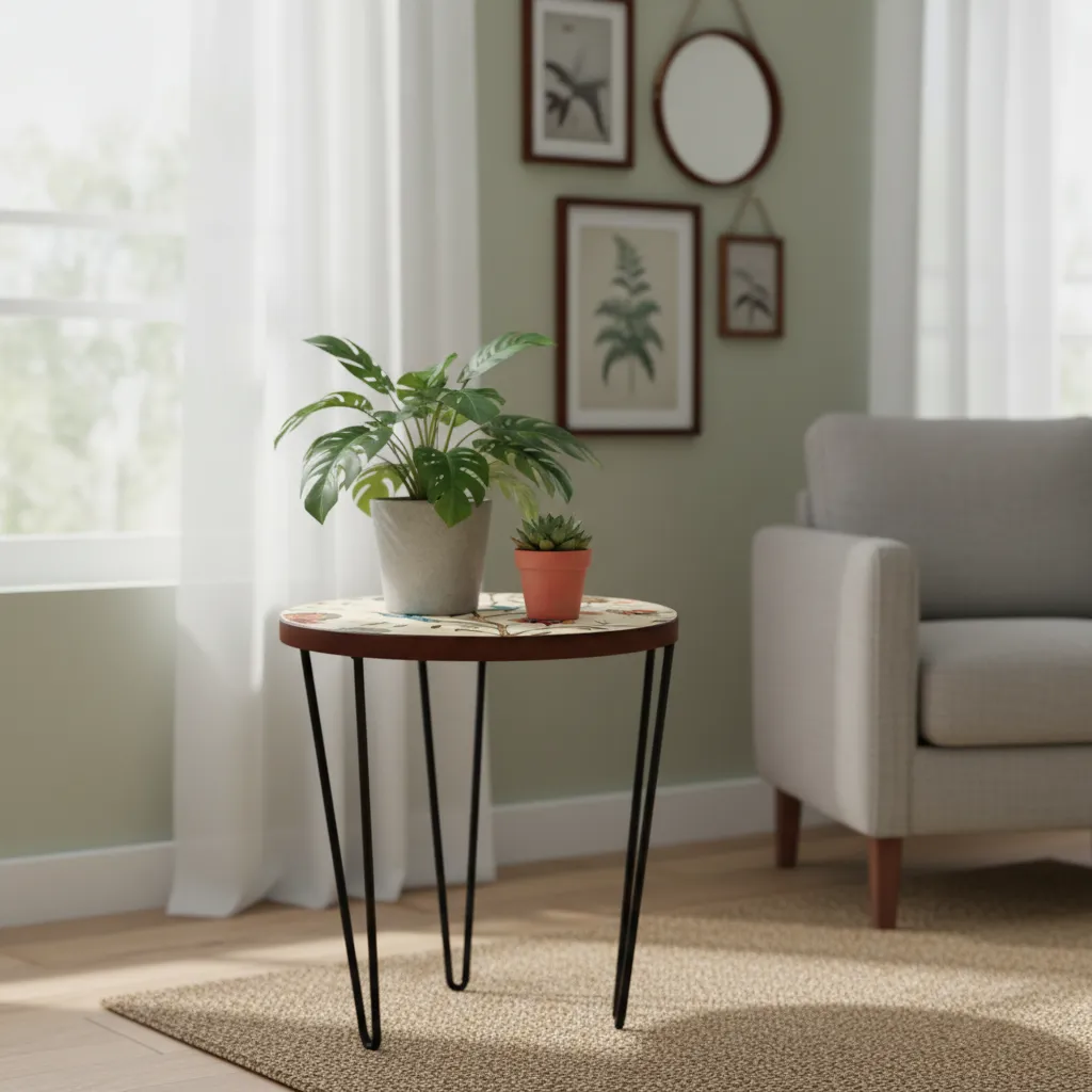 Decorative 3-Legged Metal Nesting Table – Smooth Cream Enamel Top with Nature-Inspired Illustrations (10*15)