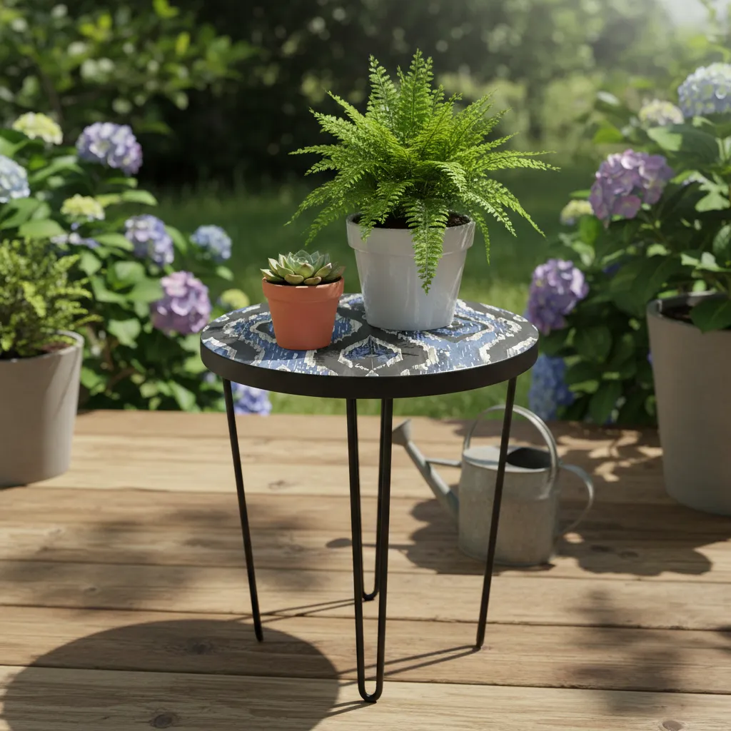 Decorative Indoor Metal Nesting Side Table - Blue Tribal Pattern (10*15)