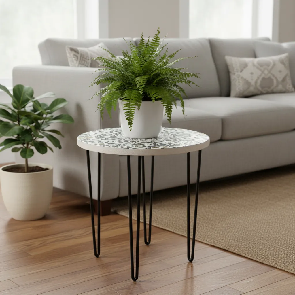 Mandana Art Round Plant Stand with Three Black Iron Hairpin Legs – Enamel Coated Handcrafted (10*15)