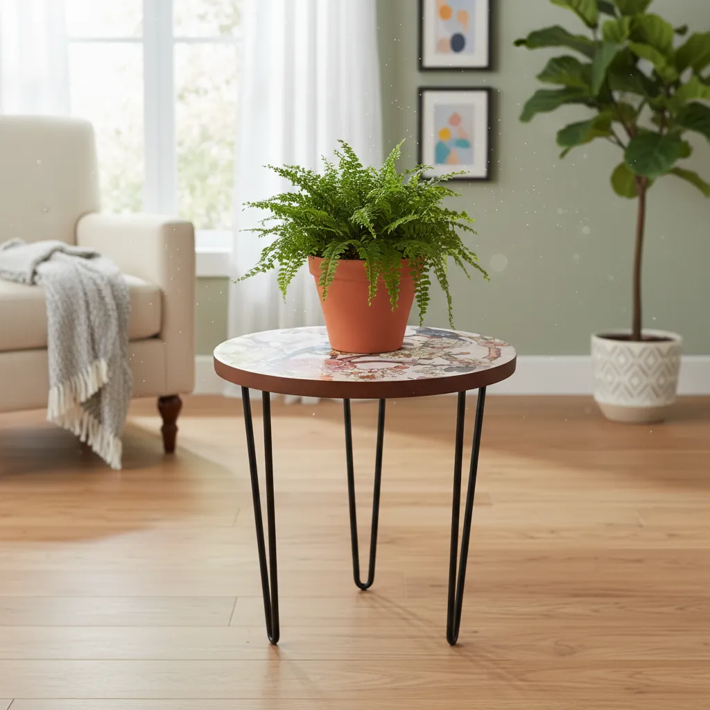 Floral Blue Bird Round Plant Stand with Smooth Enamel Top and Black Iron Hairpin Legs