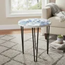 Handcrafted Peacock Enamel Wooden Side Table with Iron Hairpin Legs – Decorative Round