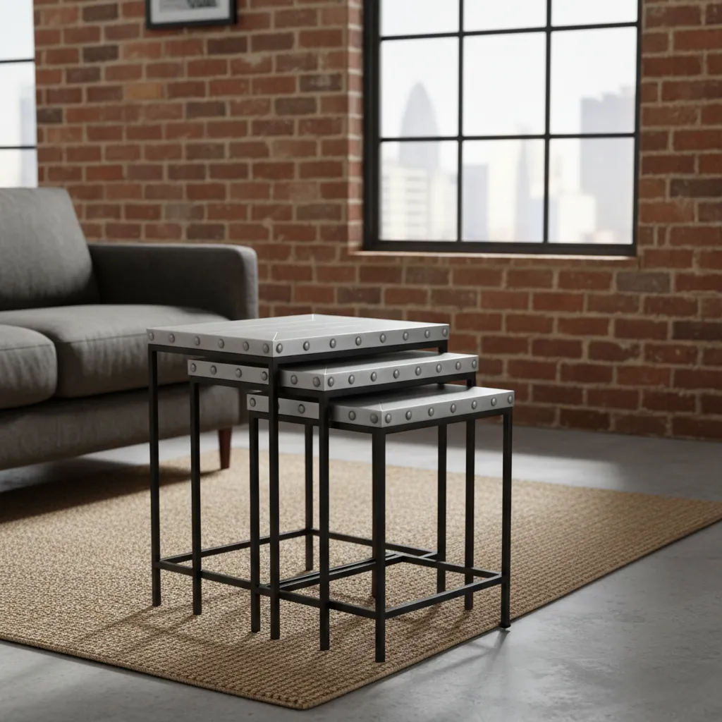 Modern Metals Industrial Nesting Side Tables - Set of 3 Brushed Steel Accent Tables (14*16)