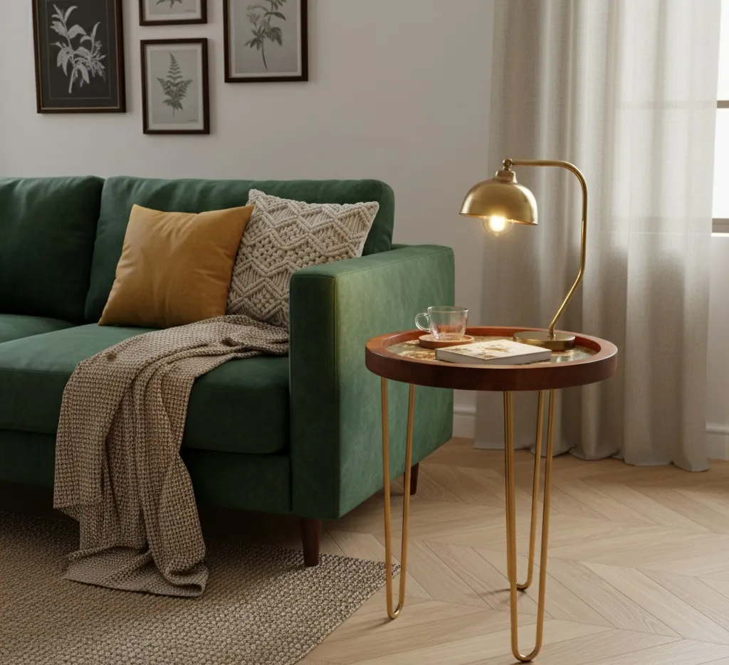Handcrafted Round Wooden Nesting Stools with Floral Fabric Inset and Golden Hairpin Legs (10*15)