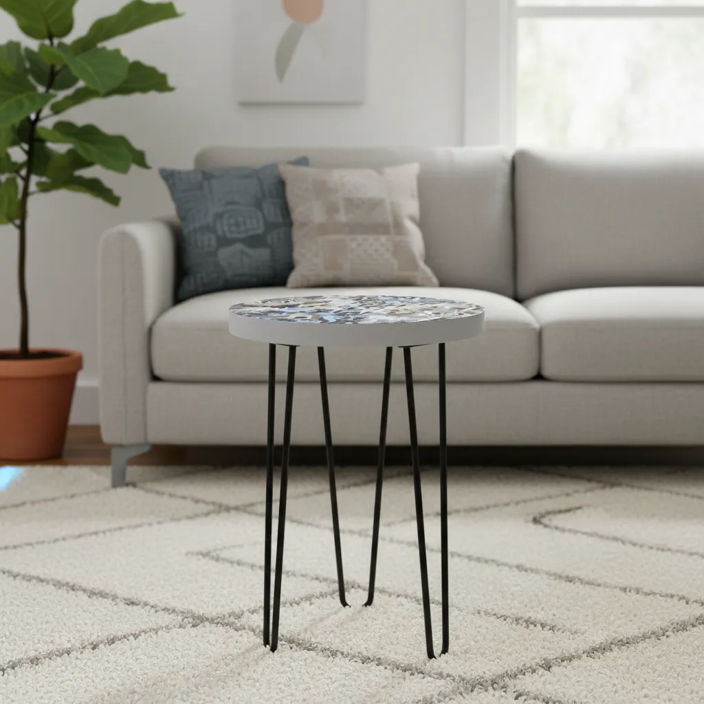 Handcrafted Round Wooden Side Table with Abstract Enamel Art and Iron Hairpin Legs (10*15)
