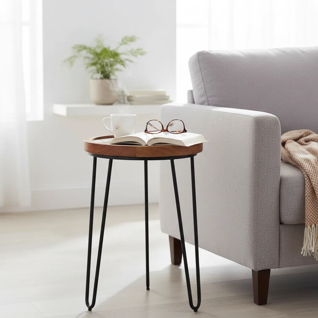 Modern Round Accent Stool with Decorative Botanical Inlay and Industrial Tripod Base – Small, Medium & Large (10*15)