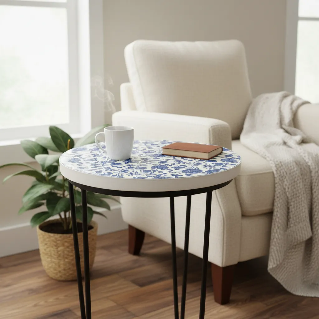 Decorative Ceramic-Style Accent Stool with Smooth White Enamel Top and Stable Metal Legs (10*15)