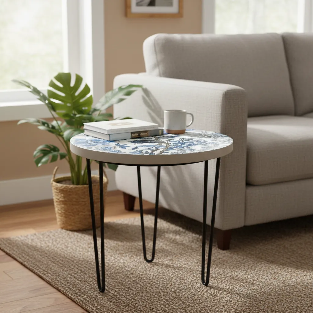 Round Blue Floral Enamel Side Table with Black Iron Hairpin Legs - Set of 3 Sizes (10*15)