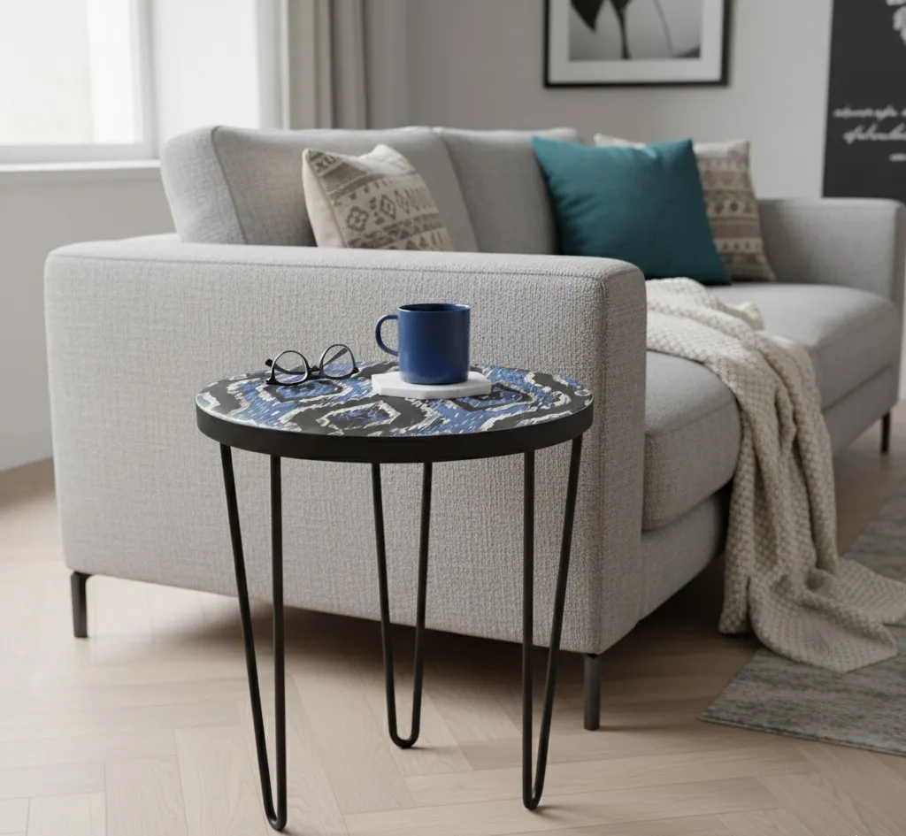 Modern Blue & Grey Ikat Artwork Accent Stool - Durable Smooth Top Side Table (10*15)