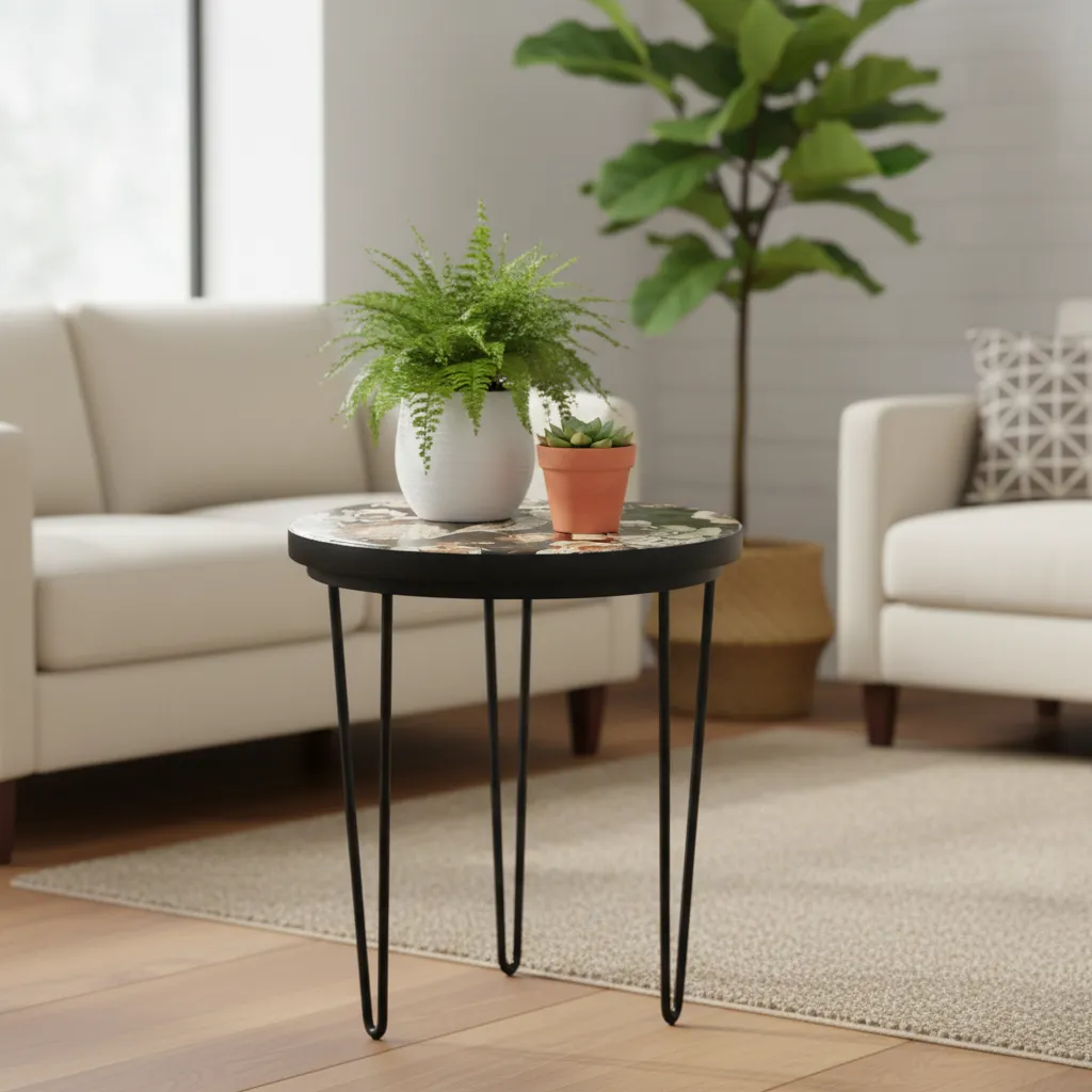Vintage Floral Hand-Painted Round Side Table with Hairpin Metal Legs - Available in 3 Sizes (10*15)