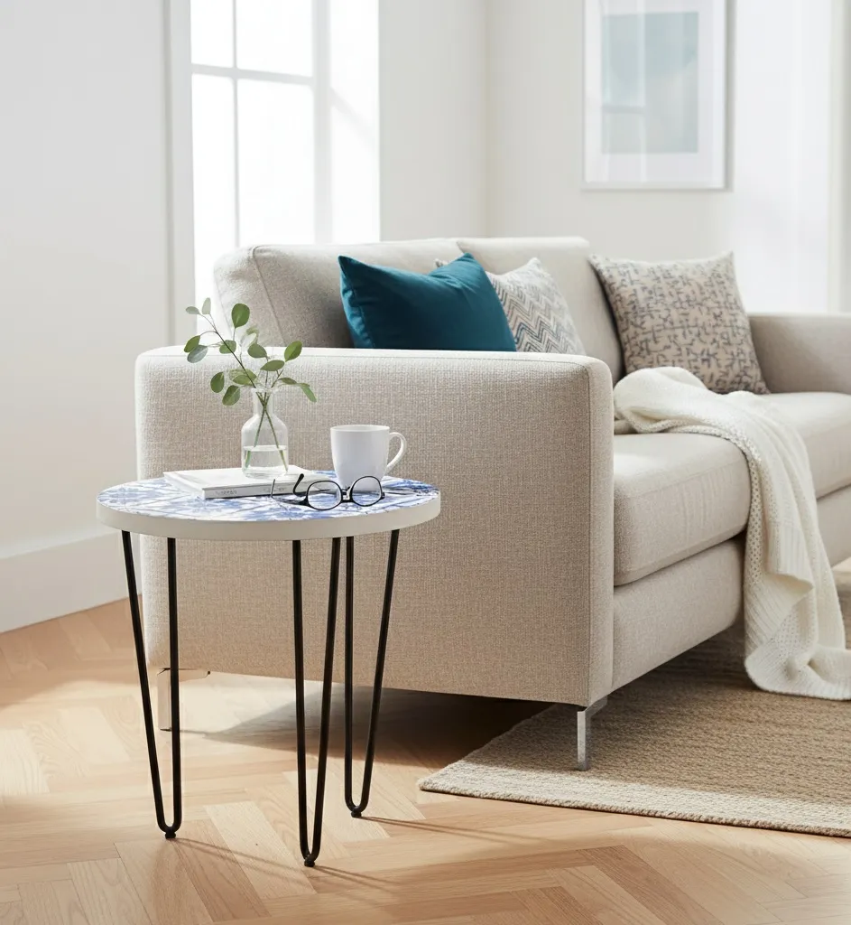Handcrafted Blue Floral Nesting Side Table with Black Iron Hairpin Legs – White Enamel Top Accent Stool (10*15)