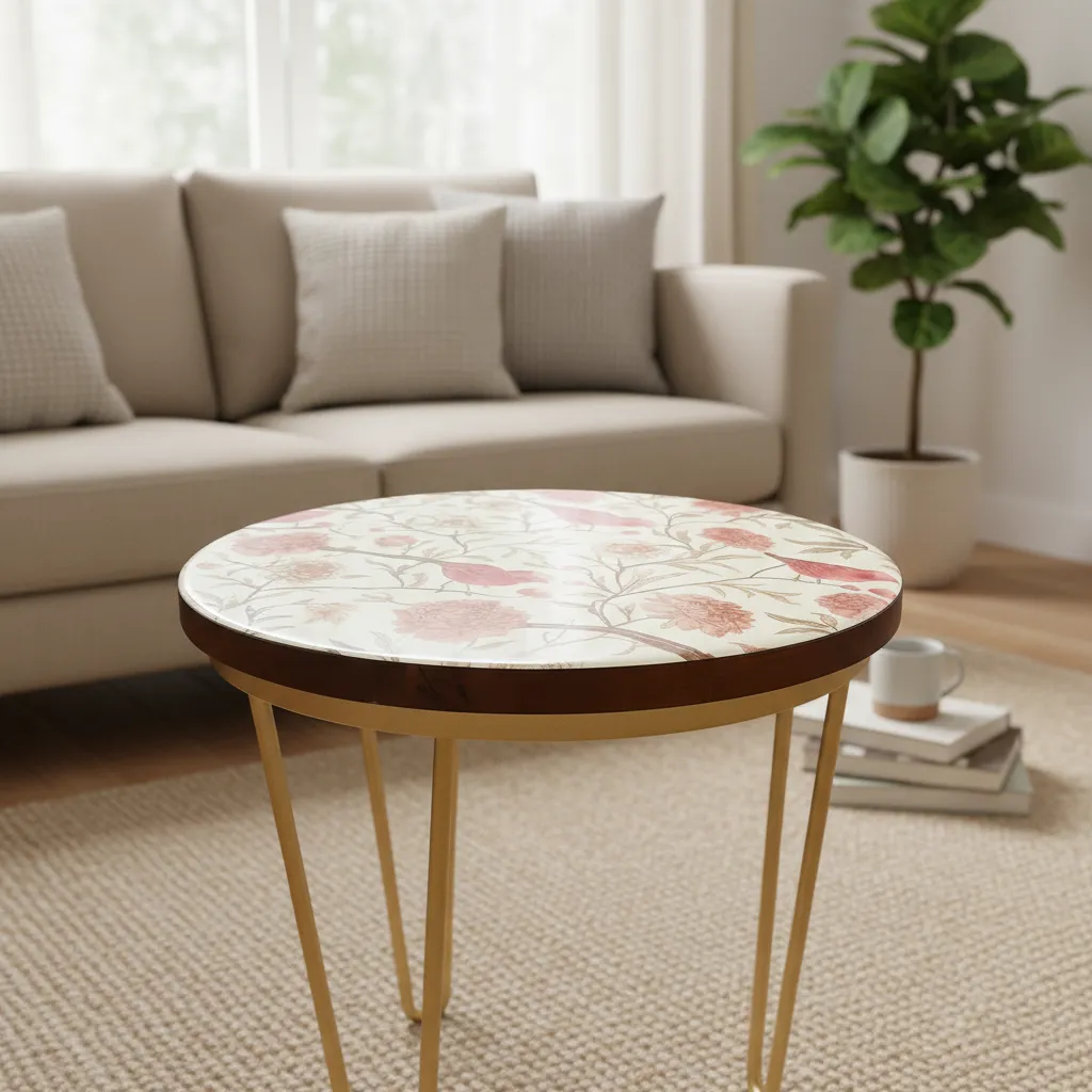 Round Decorative Accent Table – Pink Bird & Botanical Print with Gold Iron Legs (10*15)
