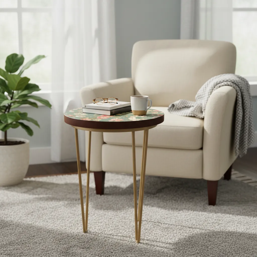 Chinoiserie Floral Nesting Stool with Gold Hairpin Legs & Enamel Art Top (10*15)