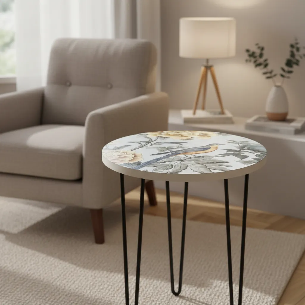 Handcrafted Wooden Accent Stool with Enamel Decal Top and Sturdy Metal Base (10*15)