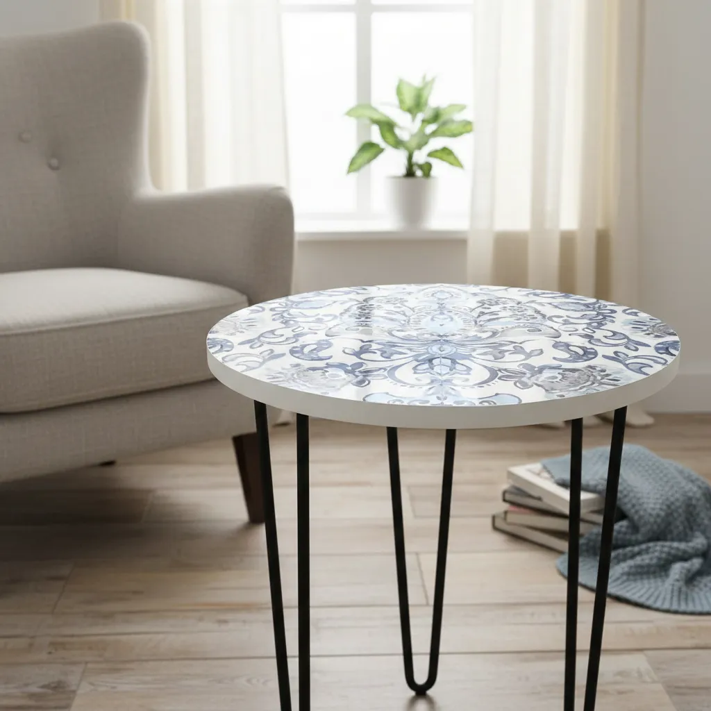 Handcrafted Round Accent Side Table with Blue Mandala Enamel Top and Iron Hairpin Legs (10*15)