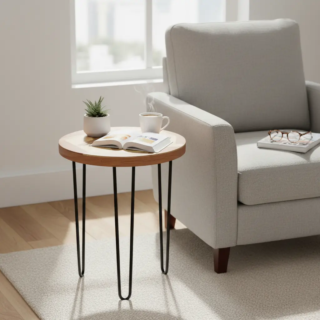 P1 Mid-Century Modern Wood Star Inlay Side/End Table with Hairpin Legs