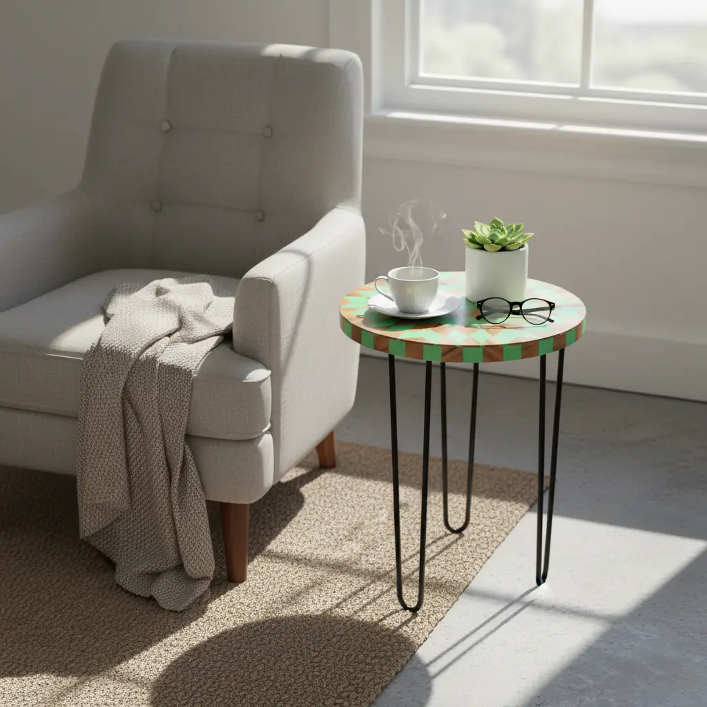 P16 Mid-Century Modern Green & Wood Starburst Geometric Round Side Table - 3 Sizes (14inch(D) * 18inch(H))