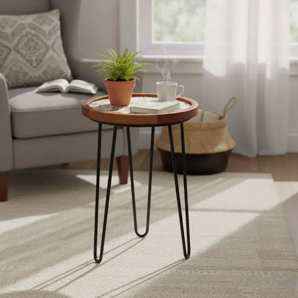 PP14 Rustic Wood & Pink Floral Bird Side Table with Hairpin Legs (14inch(D) * 18inch(H))