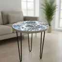 PP18 Blue & White Mystical Creature Enamel Top Side Table with Black Iron Hairpin 
